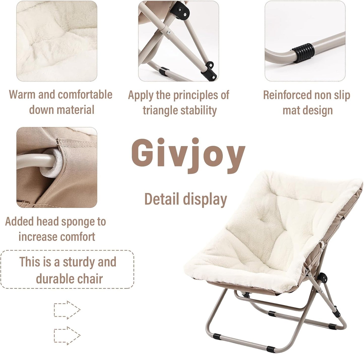 Living Room Chair, Soft Faux Fur Folded Chair Oversized Folding Accent Chair, Furry Lounge Lazy Chair, Metal Frame Moon Chair for Bedroom, Living Room