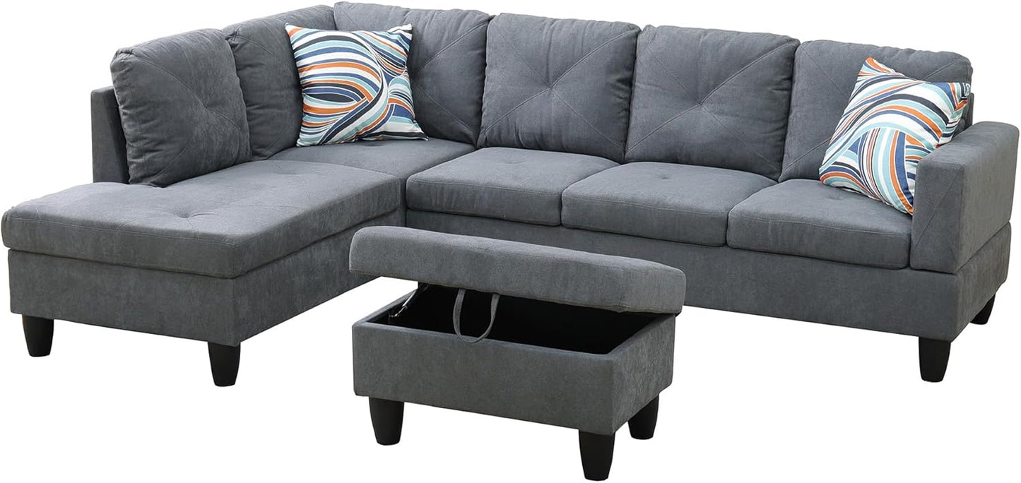 L Shaped Couch Modern Sectional Couch Upholstered Flannelette Fabric 3 Pieces Sofas for Living Room with Chaise, Storage Ottoman for Office and Small Apartment, Dark Grey