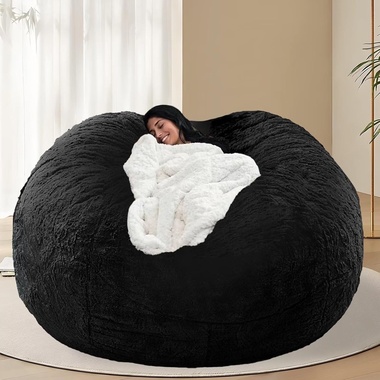 BCU Oversized Bean Bag Cover Comfy Beanbag Chair for Adults Without Filler Faux Fur Lazy Sofa Cover for Living Room Chairs, Black, 5FT