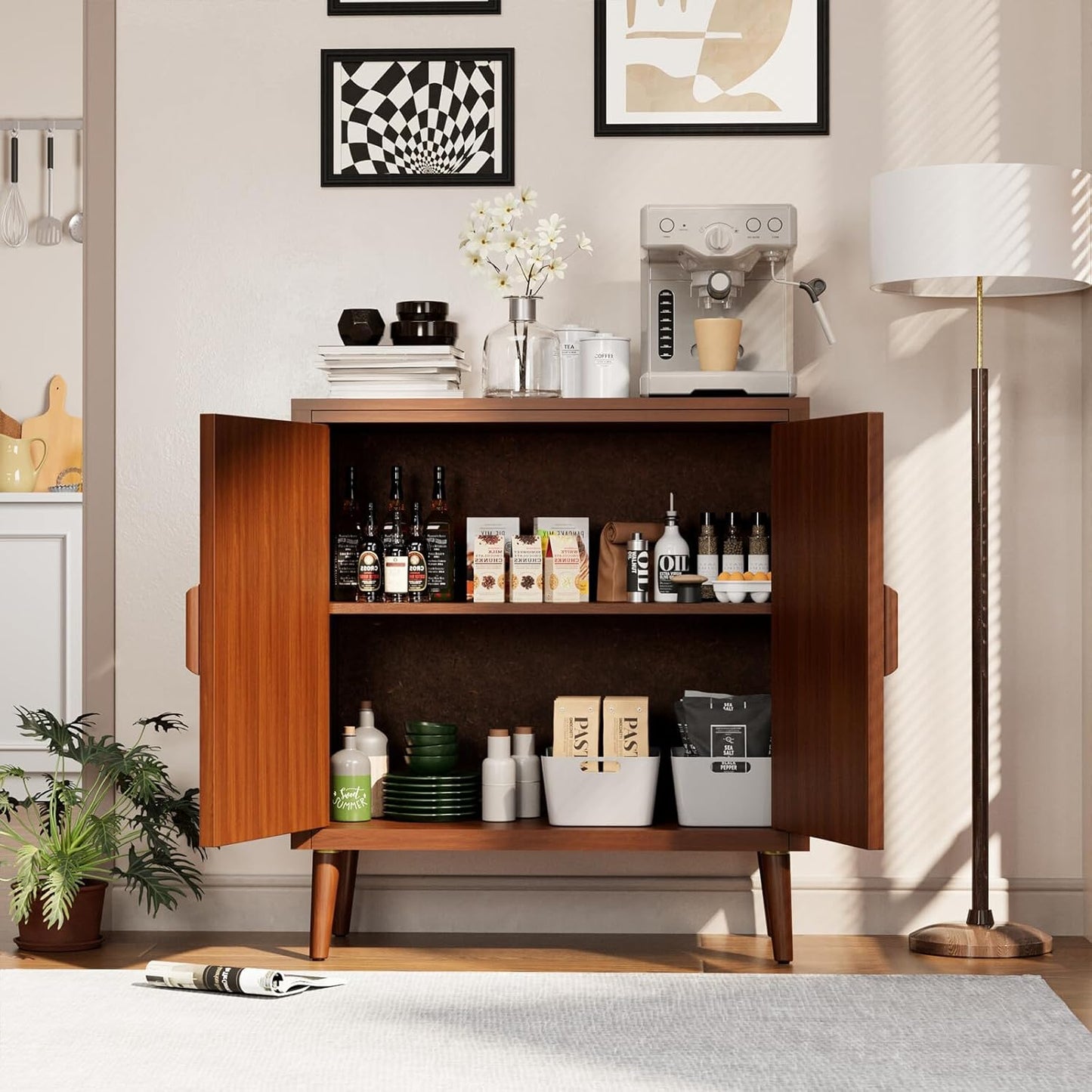 COSIEST 30" W Storage Cabinet with Doors and Shelves, Mid-Century Cabinet with Adjustable Shelf, Accent Sideboard for Kitchen, Dining Room, Living Room, or Hallway (Brown, Line Pattern)