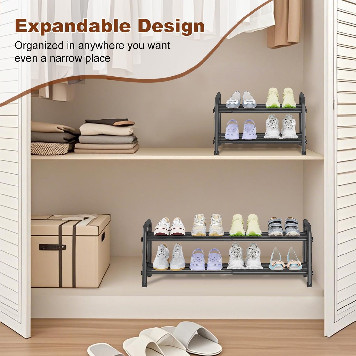 KANAV 2-Tier Expandable Shoe Rack, Adjustable Shoe Organizer & Storage for Closet, Small Space Saving Shoe Rack for Entryway, Bedroom, or Office – Sturdy & Durable Design