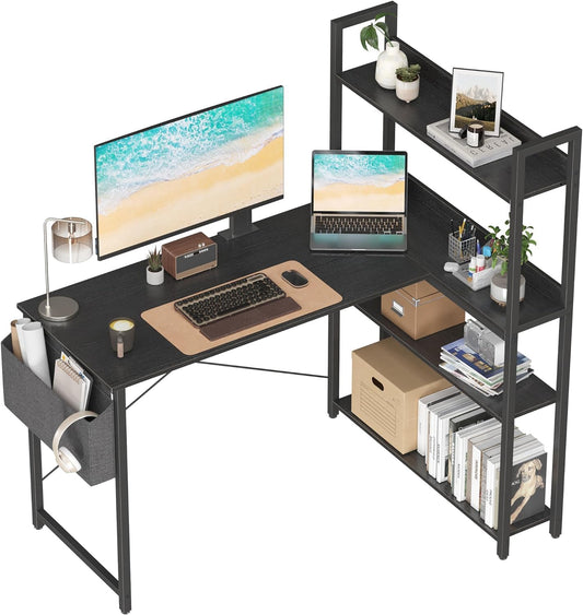 Treesland 47 Inch Computer Desk with Bookshelf, Corner Desk with Storage, L Shaped Desk, Home Office Desks, Writing Study Desk for Bedroom, Black