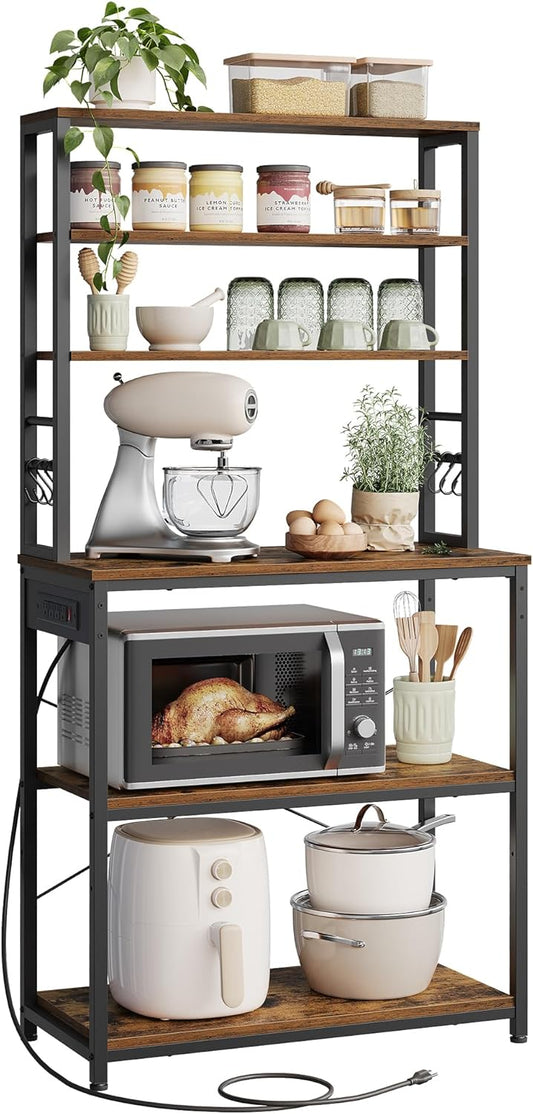 VASAGLE Bakers Rack with Power Outlet, 31.5 Inches Coffee Bar for Kitchen with Storage, 6-Tier Kitchen Shelves with 6 Hooks, Microwave Stand, Rustic Brown and Black UKKS119K01