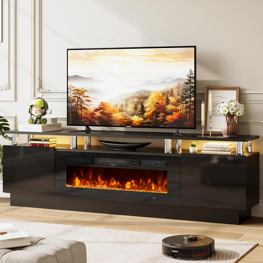 80" TV Stand for Living Room, Large Entertainment Center & Media Console, Fits TVs up to 90", Storage Cabinet with Shelves, 36" Electric Fireplace (All Black)