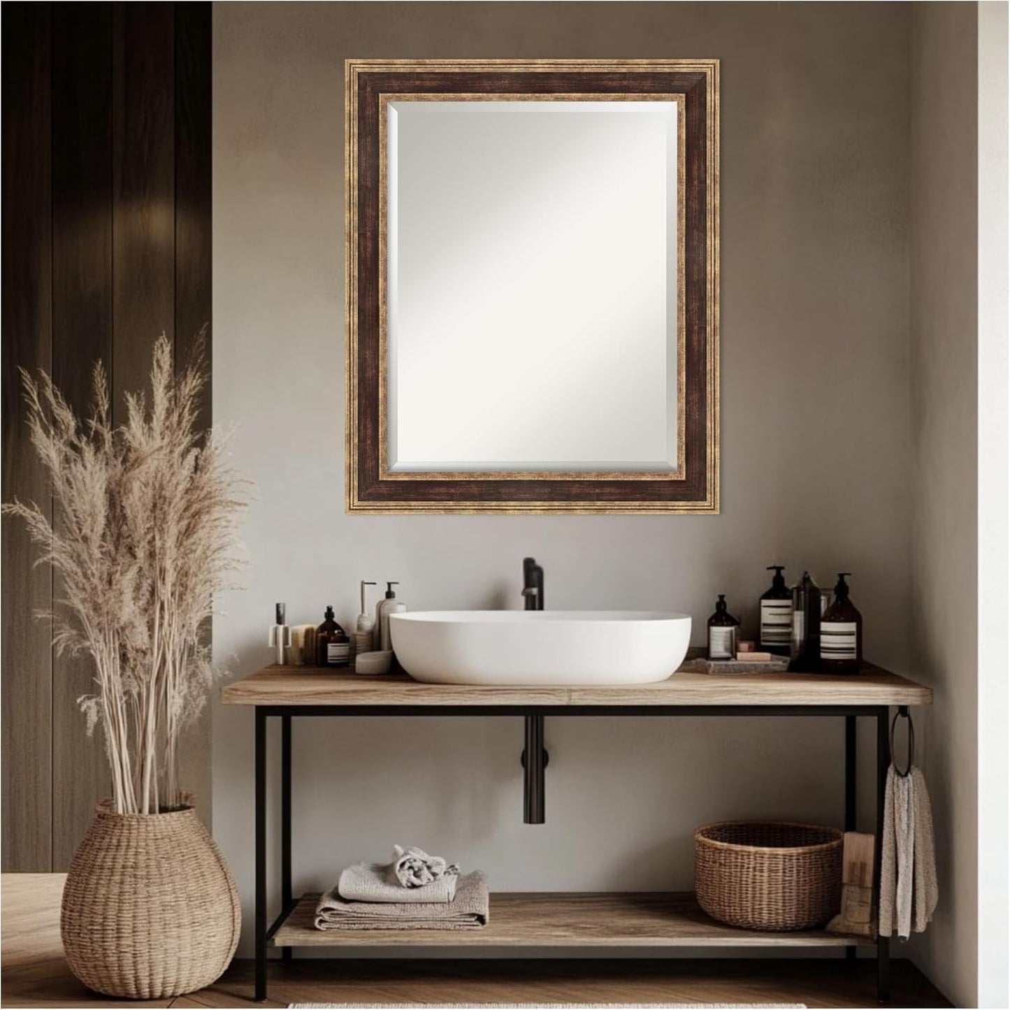 Amanti Art Bronze Bathroom Mirror for Over Sink, 28x34 Ridge Light Bronze Rectangle Vanity Mirror, Large Traditional Frame, Hangs Horizonally and Vertically, Bathroom Wall Decor, Beveled Edge