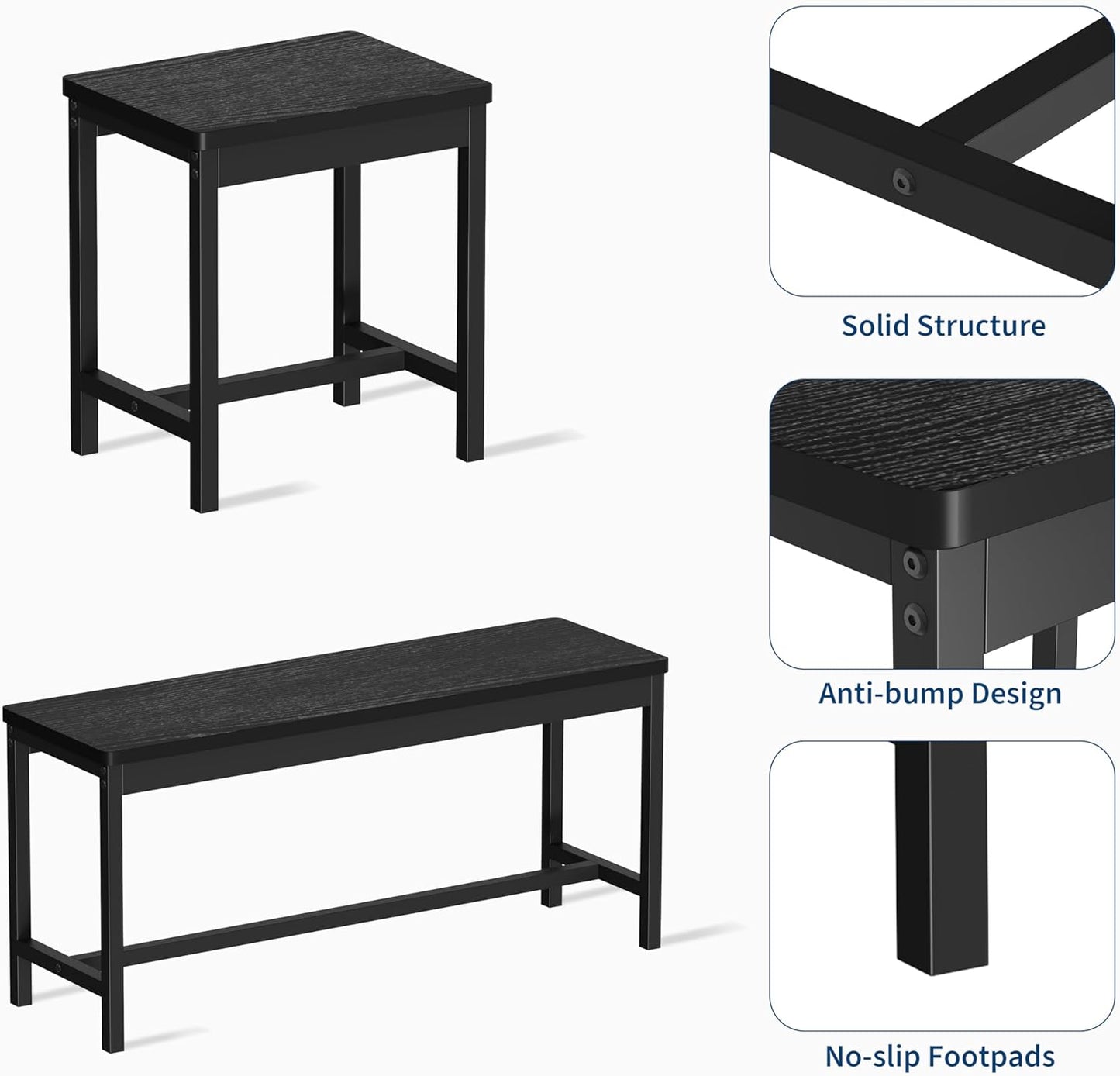 GarveeHome 5-Piece Dining Table Set for 4-8 People, 63" Large Extendable Kitchen Table Set with 2 Benches and 2 Square Stools, Modern Dining Room Furniture Sets, Easy Assembly, Black