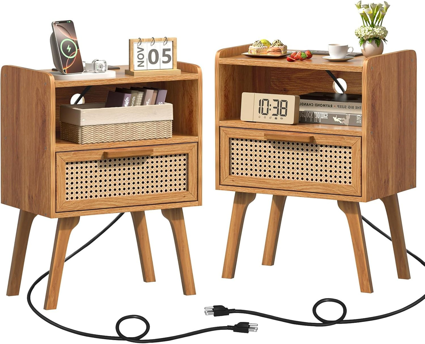 Lerliuo Rattan Nightstands Set of 2 with Charging Station, Side Table with Drawer, Cane Accent Bedside End Table with Solid Wood Legs, Night Stand for Bedroom, Dorm and Small Spaces (Tea Brown)