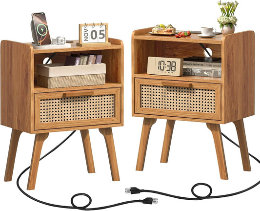 Lerliuo Rattan Nightstands Set of 2 with Charging Station, Side Table with Drawer, Cane Accent Bedside End Table with Solid Wood Legs, Night Stand for Bedroom, Dorm and Small Spaces (Tea Brown)