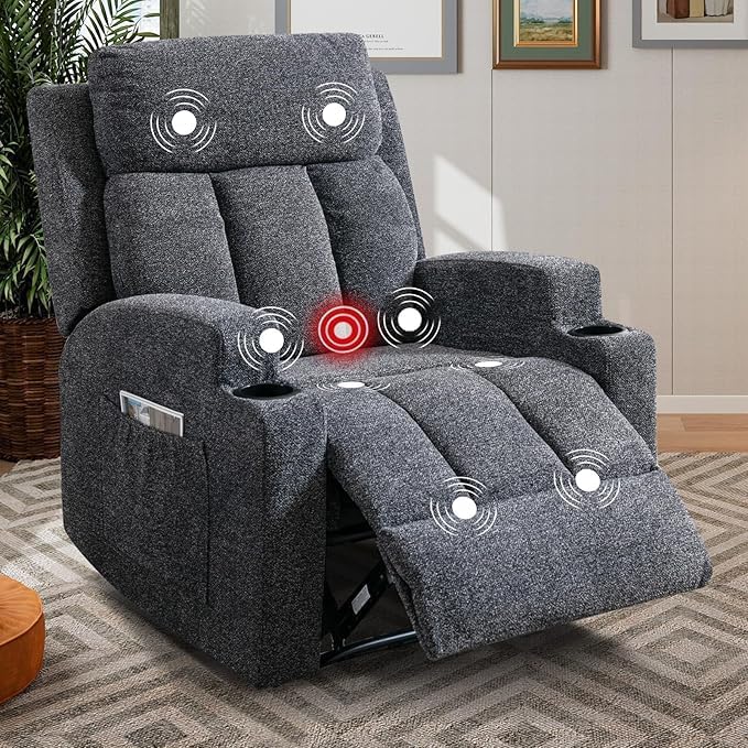 Phoenix Home Manual Recliner Chair with Massage and Heat Ergonomic Overstuffed Breathable Fabric Reclining Chair with 2 Side Pockets, 2 Cup Holders, Remote Control, Living Room, Bedroom, Dark Gray