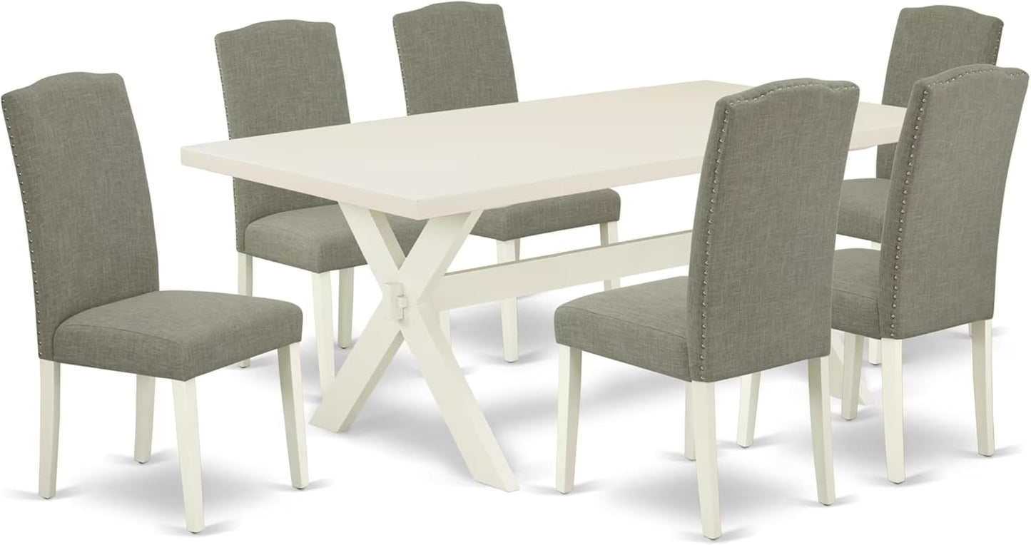 East West Furniture X027EN206-7 7 Piece Dining Room Furniture Set Consist of a Rectangle Dining Table with X-Legs and 6 Dark Shitake Linen Fabric Parsons Chairs, 40x72 Inch, Multi-Color