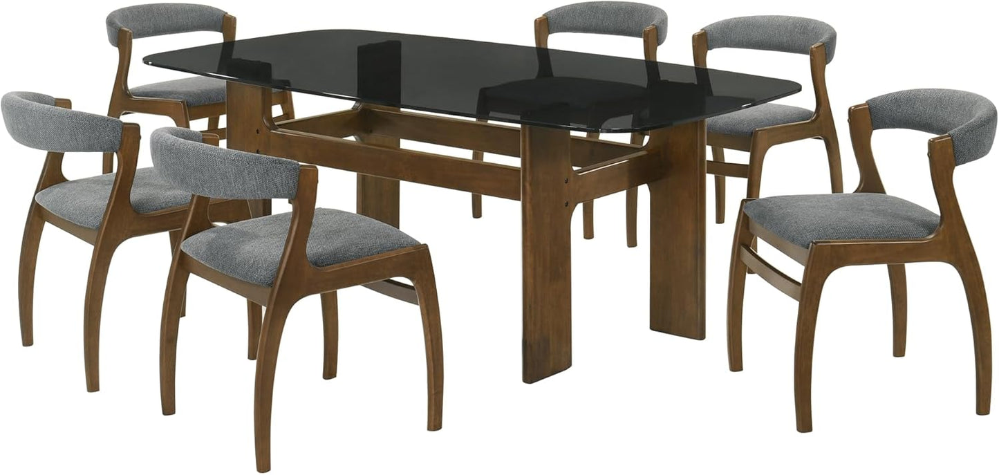 Armen living Ileena Mid-Century Modern 7-Piece Wood Dining Set in Walnut with Tempered Glass Top