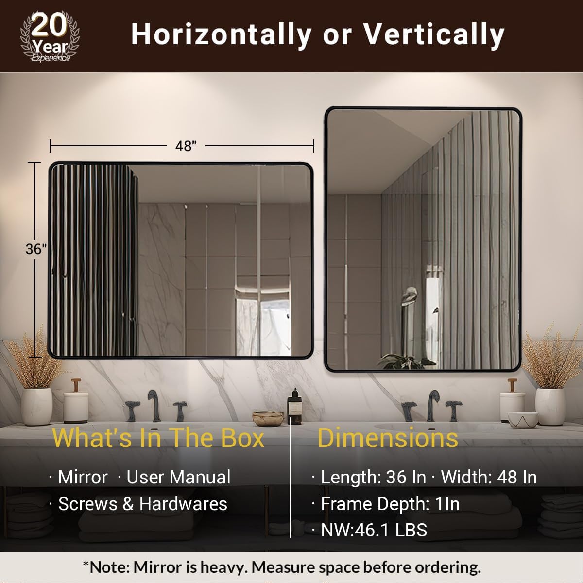 ANDY STAR 48X36 Inch Black Bathroom Mirror, Matte Black Vanity Mirrors for Wall, Rounded Rectangle Mirror for Bathroom, Seamless Tube Metal Frame, 1’’ Deep Wall Mounted Vertical/Horizontal