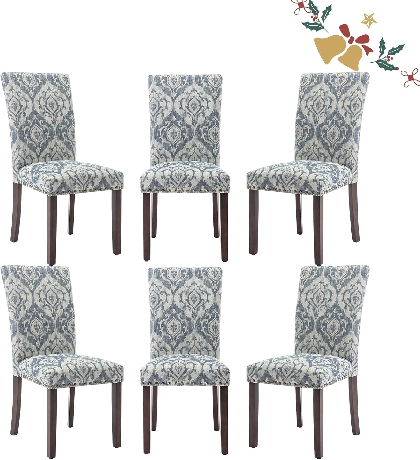 Parsons Dining Chairs Set of 6, Upholstered Nailhead Dining Room Kitchen Side Chair with Thick Cushions and Wood Legs, White/Blue