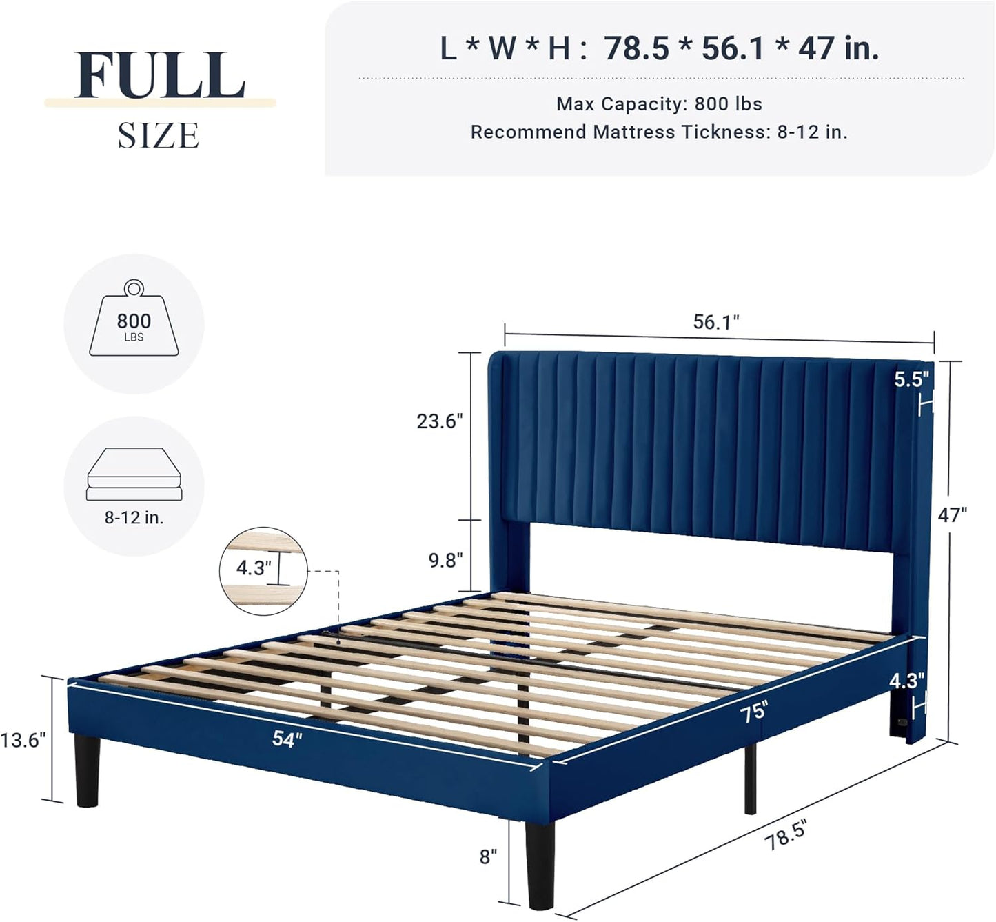 Allewie Full Size Velvet Bed Frame/Vertical Channel Tufted Wingback Headboard/Upholstered Platform Bed/Strong Wooden Slats/No Box Spring Needed/Easy Assembly/Blue