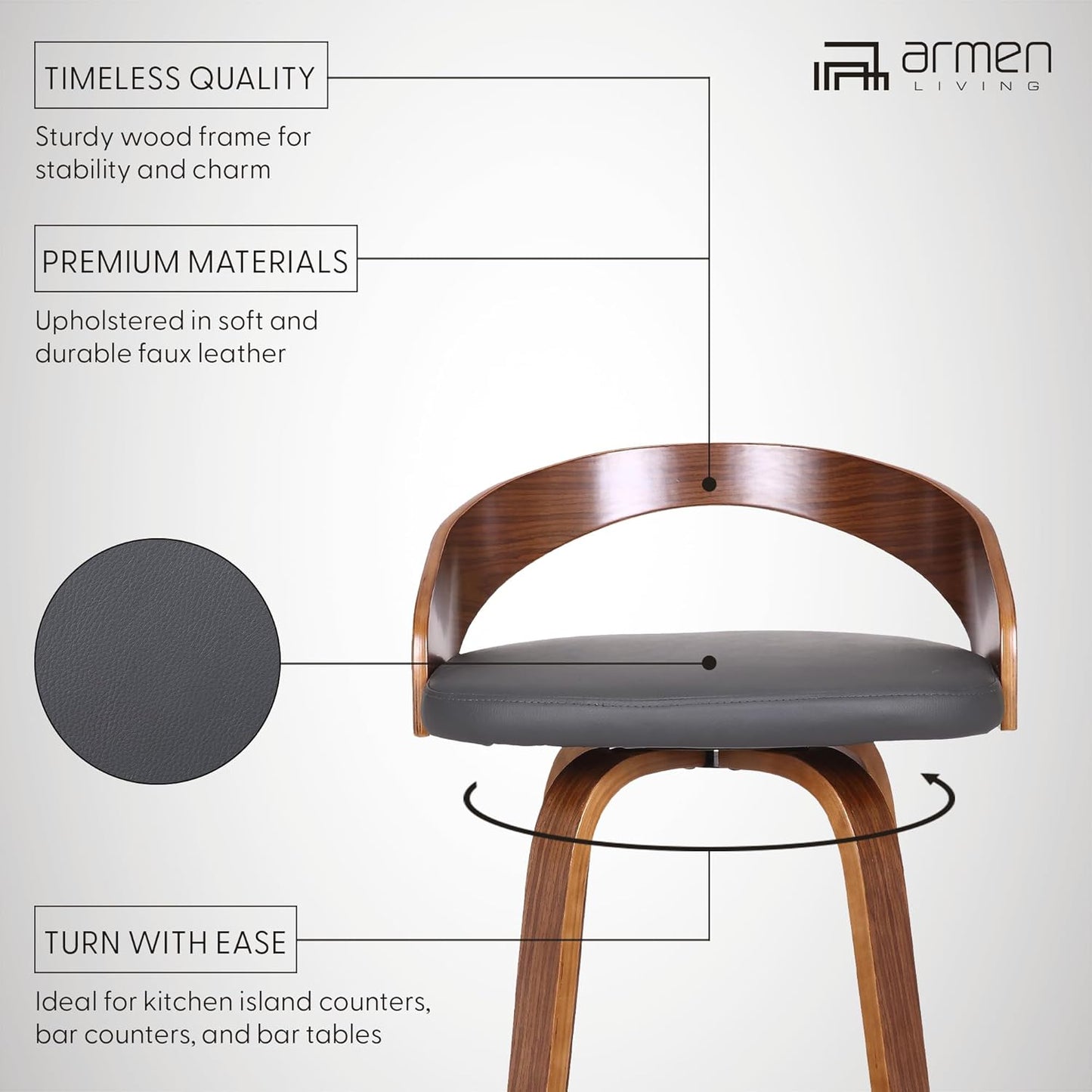 Armen Living Sonia 26" Counter Height Swivel Gray Faux Leather and Walnut Wood Bar Stool