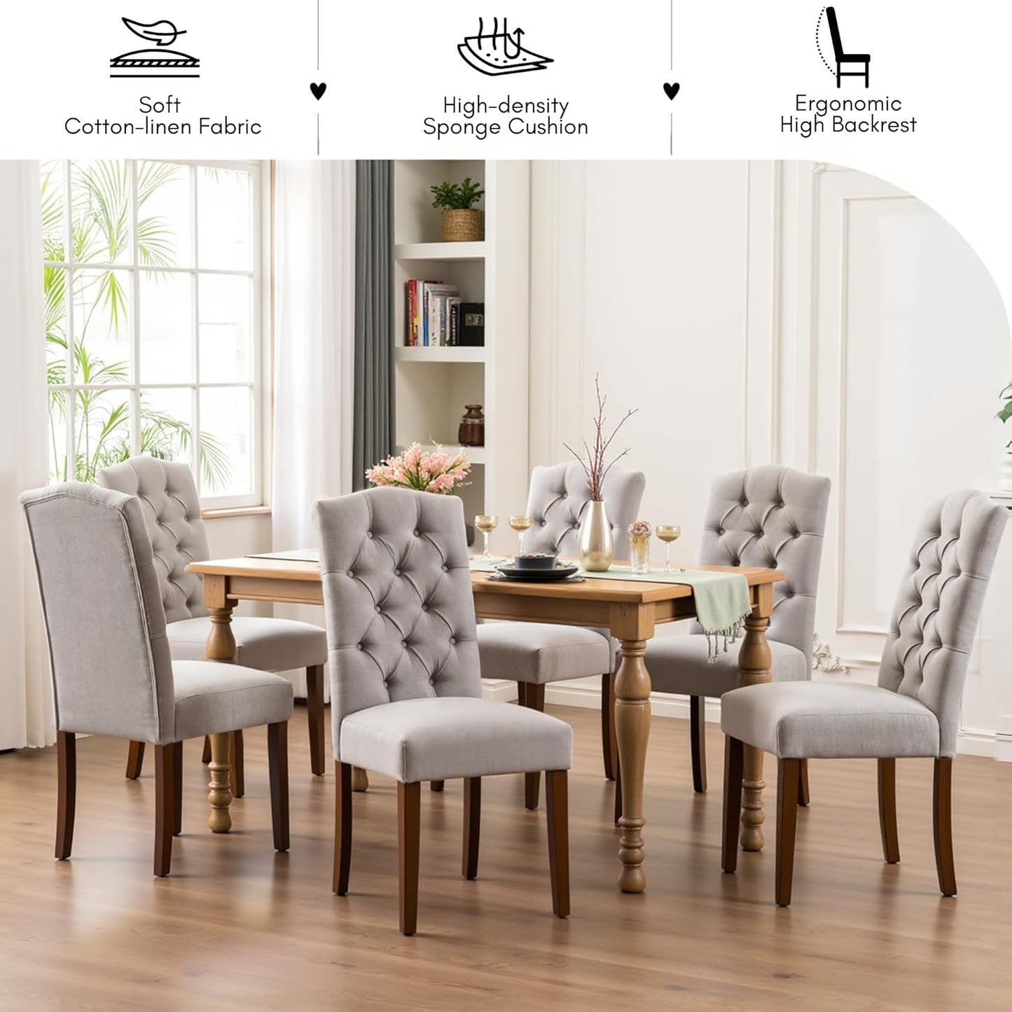Tufted Upholstered Parsons Dining Chair Set Fabric Diner Accent Stylish Modern Kitchen Living Room with Button Sturdy Solid Wood Legs