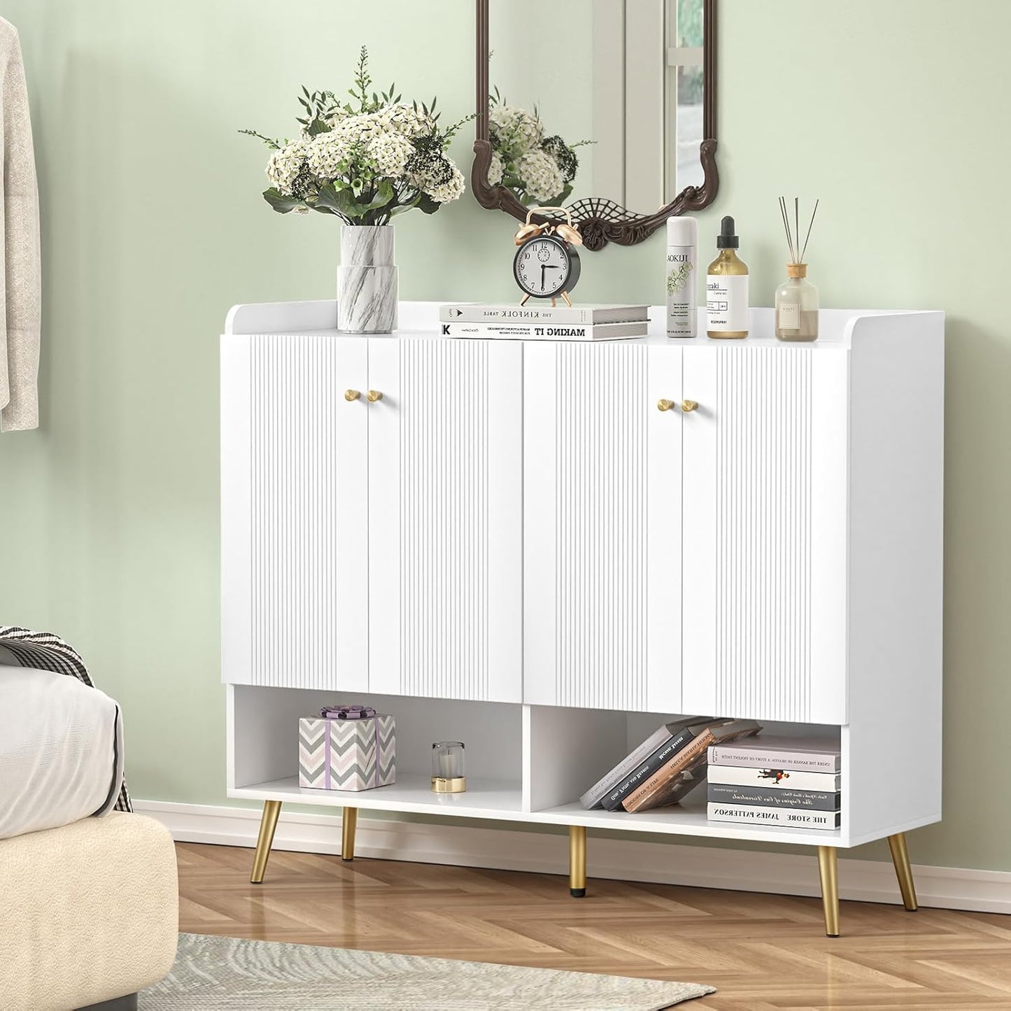 Giluta Buffet Sideboard Cabinet with Adjustable Shelf,Modern Buffet Storage Cabinets 4 Doors, Living Room Console Table for Kitchen Dining Room(White)