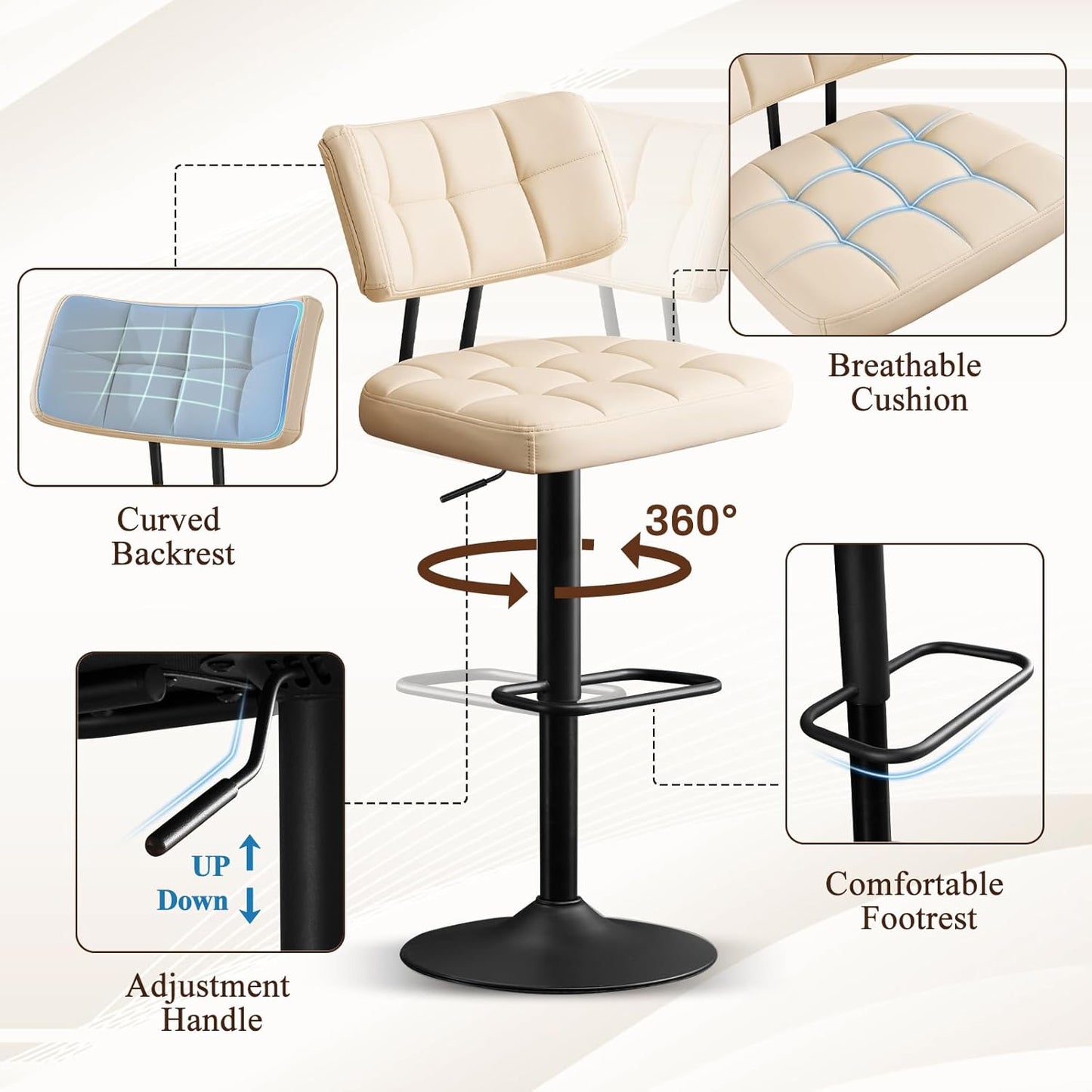 Furniliving Modern Bar Stools Set of 2 Faux Leather, Upholstered Swivel Barstools with Back, Adjustable Bar Chairs Counter Height for Kitchen Island, Dining Space, Beige