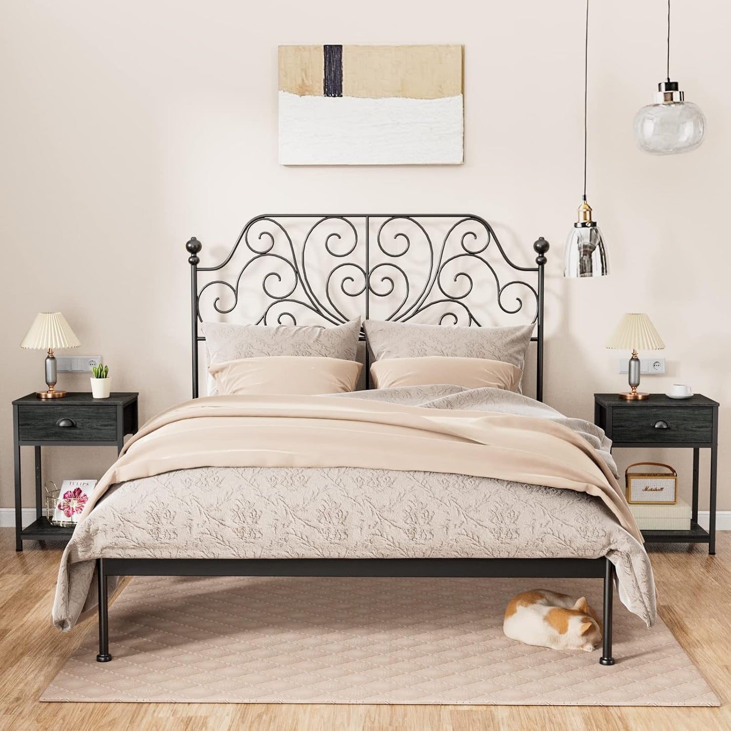 Nightstands Set of 2, Industrial End Table with Fabric Drawer&Storage Shelf, Small Bedside Table Organizer for Small Space for Living Room, Tall 23.6" Night Stand for Bedroom, Black Oak