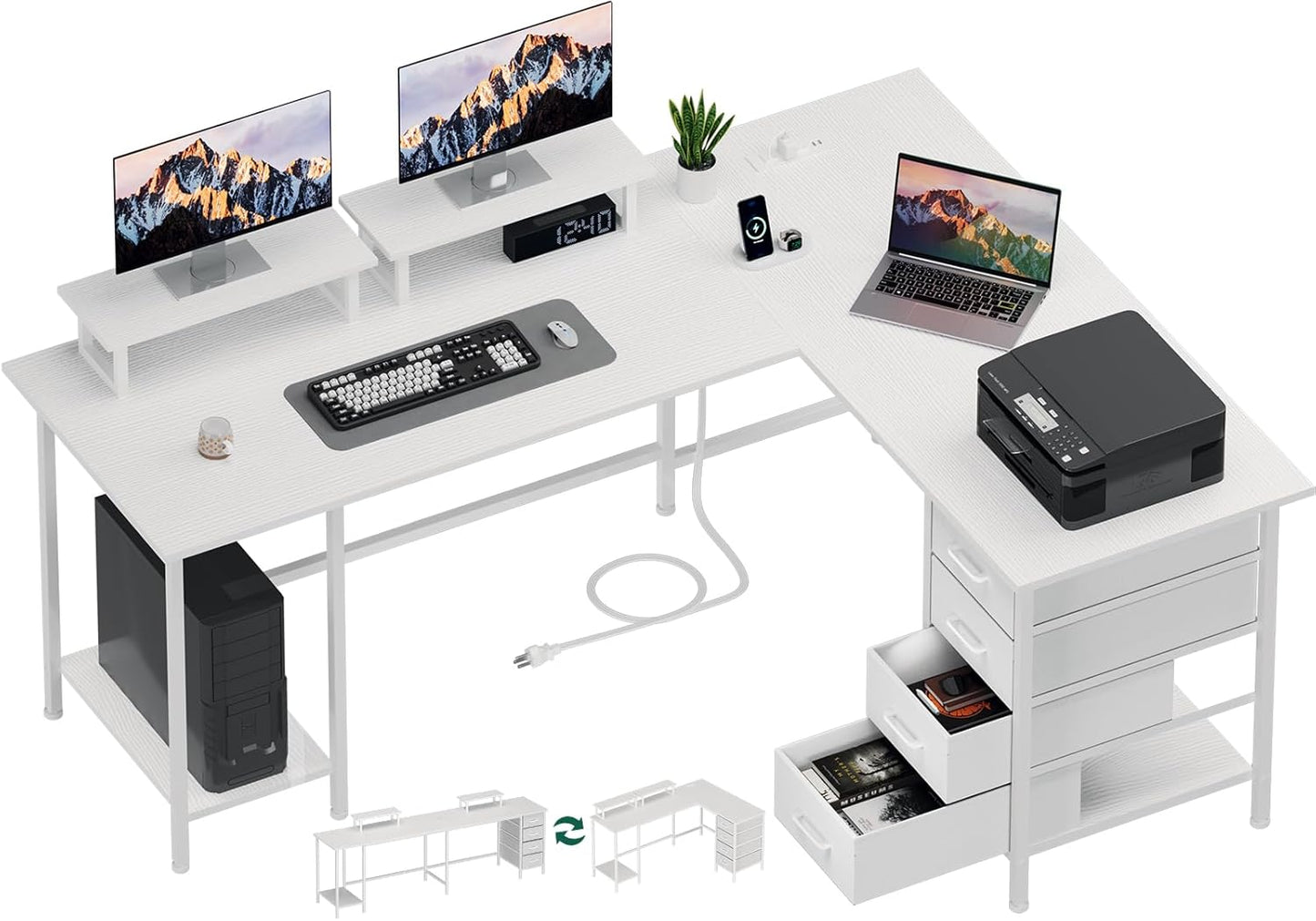 59 inch L Shaped Computer Desk with Power Outlets, Home Office Desk with 4 Adjustable Storage Drawers & 2 Monitor Stands, Two Person Gaming Table for Bedroom, White