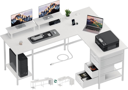 59 inch L Shaped Computer Desk with Power Outlets, Home Office Desk with 4 Adjustable Storage Drawers & 2 Monitor Stands, Two Person Gaming Table for Bedroom, White
