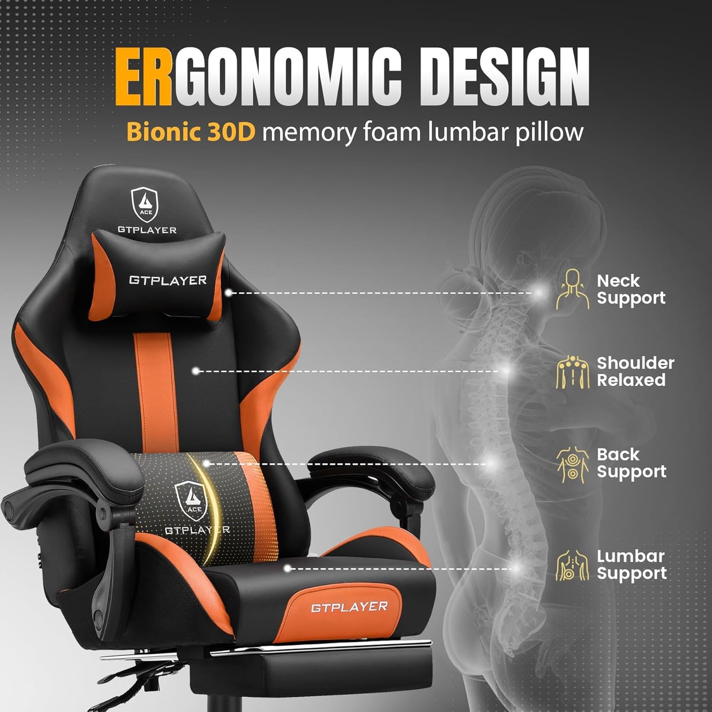 GTRACING Gaming Chair with Foot Rest & Pocket Spring Cushion, Ergonomic High Back Computer Chair with Headrest & 360°-Swivel Seat for Home Office Desk, PU Leather, Orange