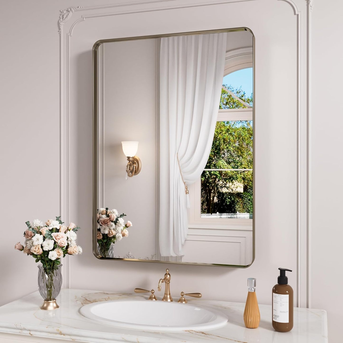 Bronze Bathroom Mirror 20x30 Inch, Brushed Bronze Metal Frame Mirror for Wall, Rounded Rectangle Bathroom Vanity Mirror with Tempered Glass, Anti-Rust, Horizontal/Vertical