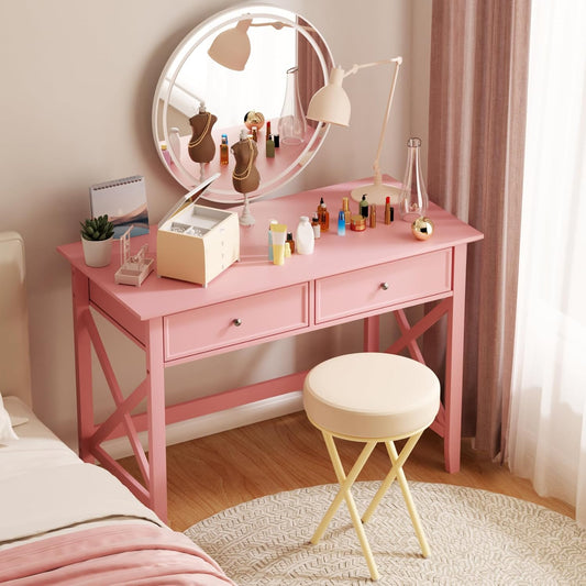 Writing Computer Desk with Drawers, Cute Modern Table for Bedrooms, Pink Vanity Table Office Desk with Drawers, Home Computer Desk for Girls Living Room Entryway, Pink