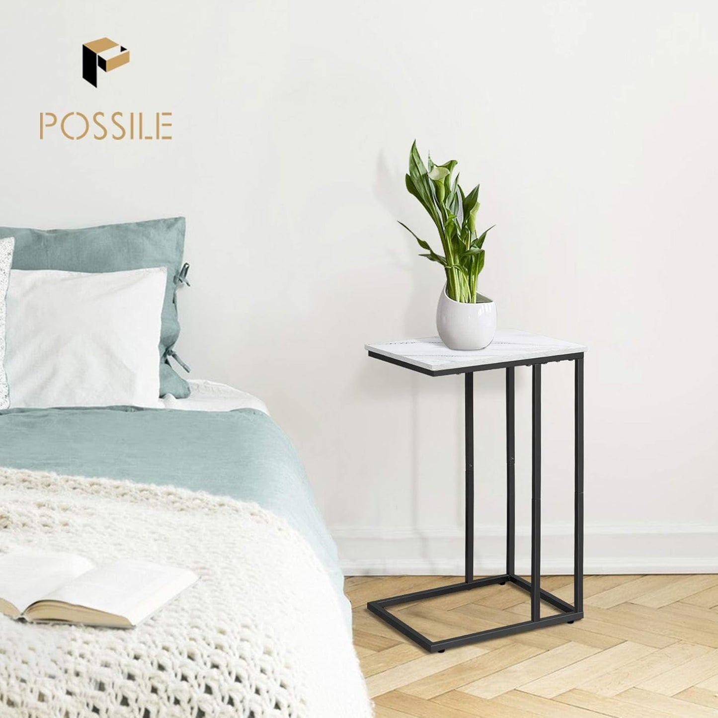 C Shaped Side Table Set of 2, Marble End Table for Sofa and Bed, Couch Table That Slide Under, Snack Side Table for Living Room, Bedroom or Small Spaces, White and Black