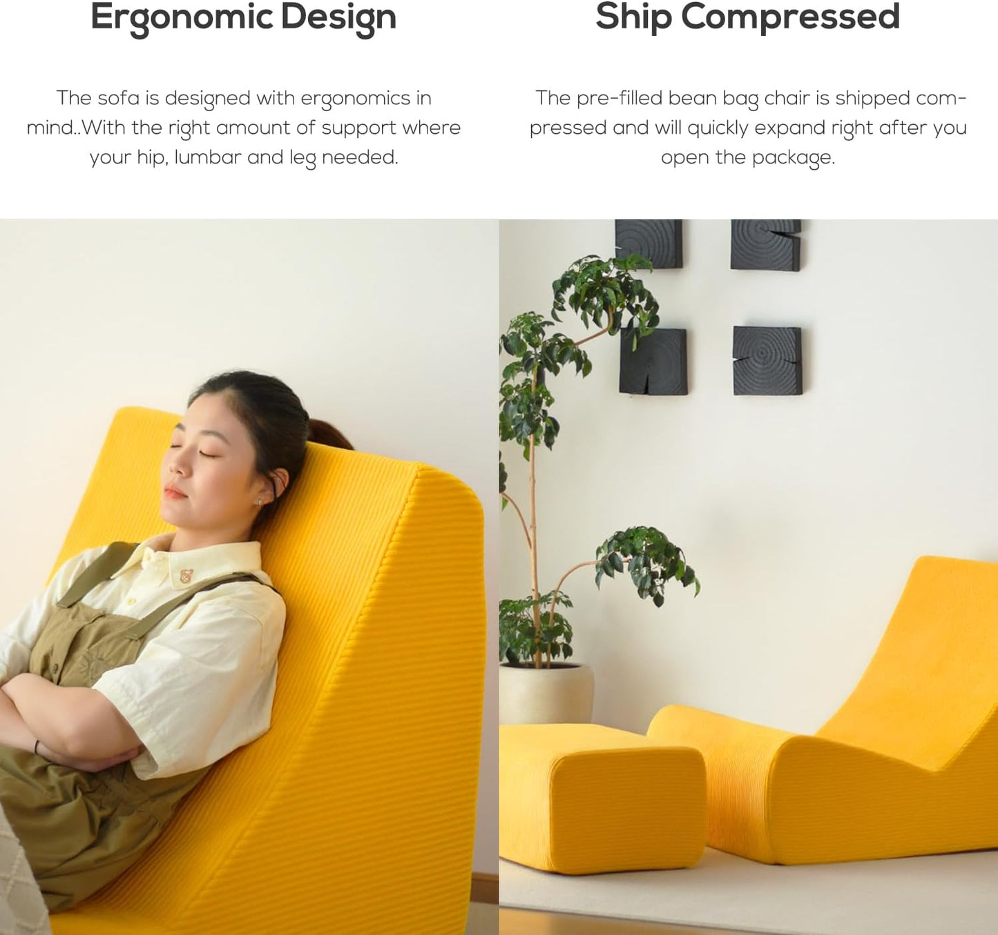 N&V Bean Bag Chair Single Seated Foam Sofa Armless Floor Sofa with High Density Foam Removable and Machine Washable Cover (Burnt Yellow, Large, Corduroy Stripes)