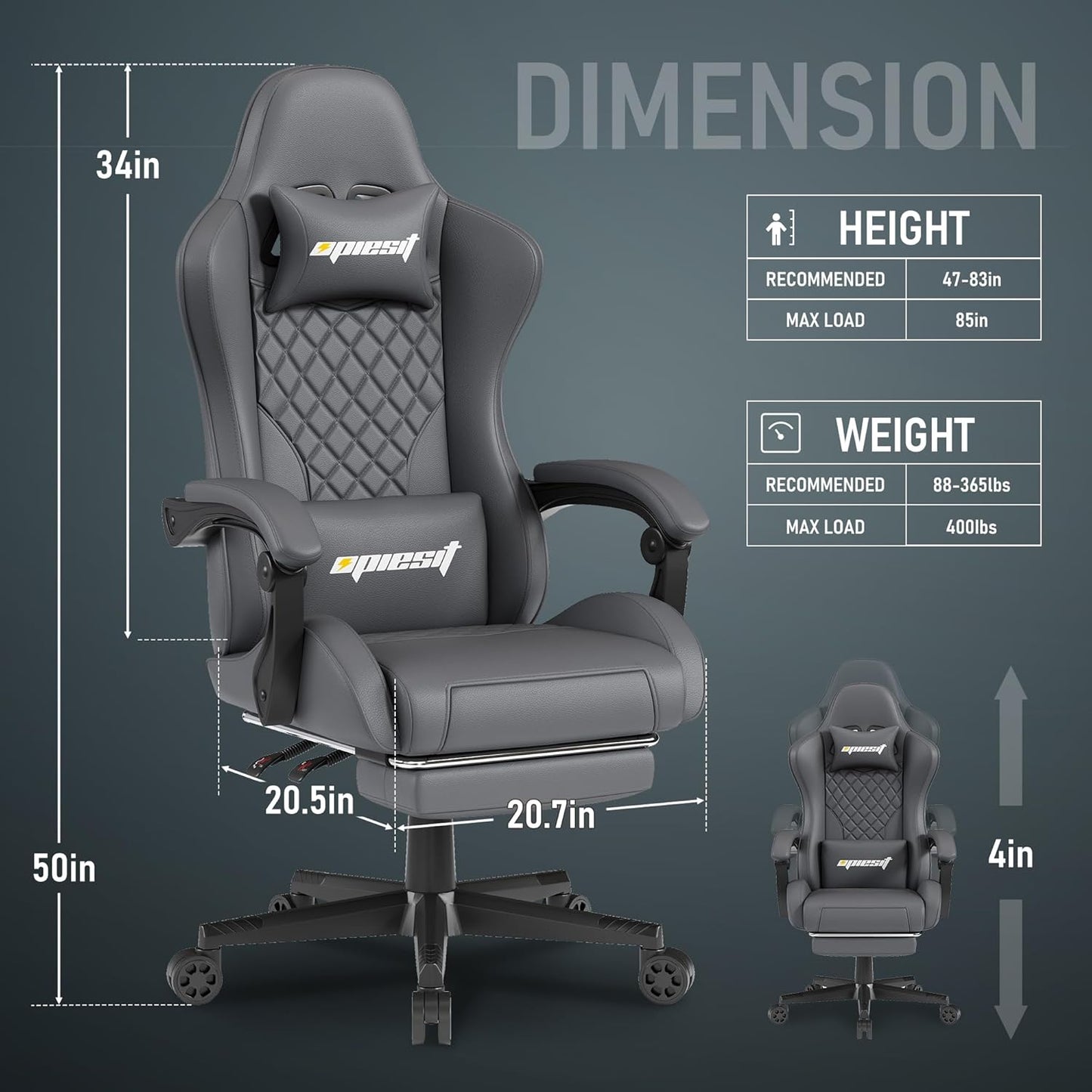 Gaming Chair,Ergonomic Computer Chairs for Adults with Footrest, PU Leather Office Chair with Adjustable Lumbar Support & Pocket Spring Cushion - Heavy Duty 400lb Capacity Gamer Chair (Grey)