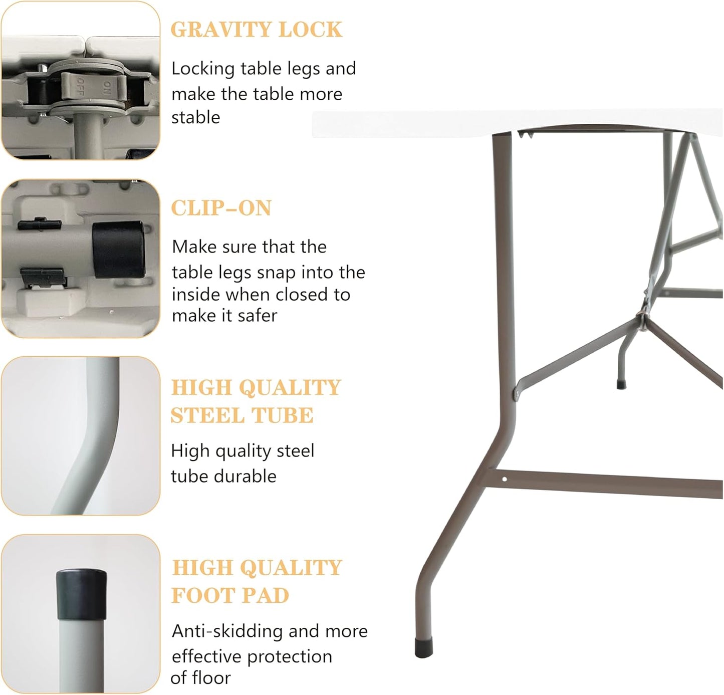 Folding Table 6 FT Lightweight Portable Plastic Fold-in-Half Utility Foldable Table suitable to hold large, Plastic Dining Indoor Outdoor for Camping, Picnic and Party, White(27.5"D ×70.8"W ×29.1"H)