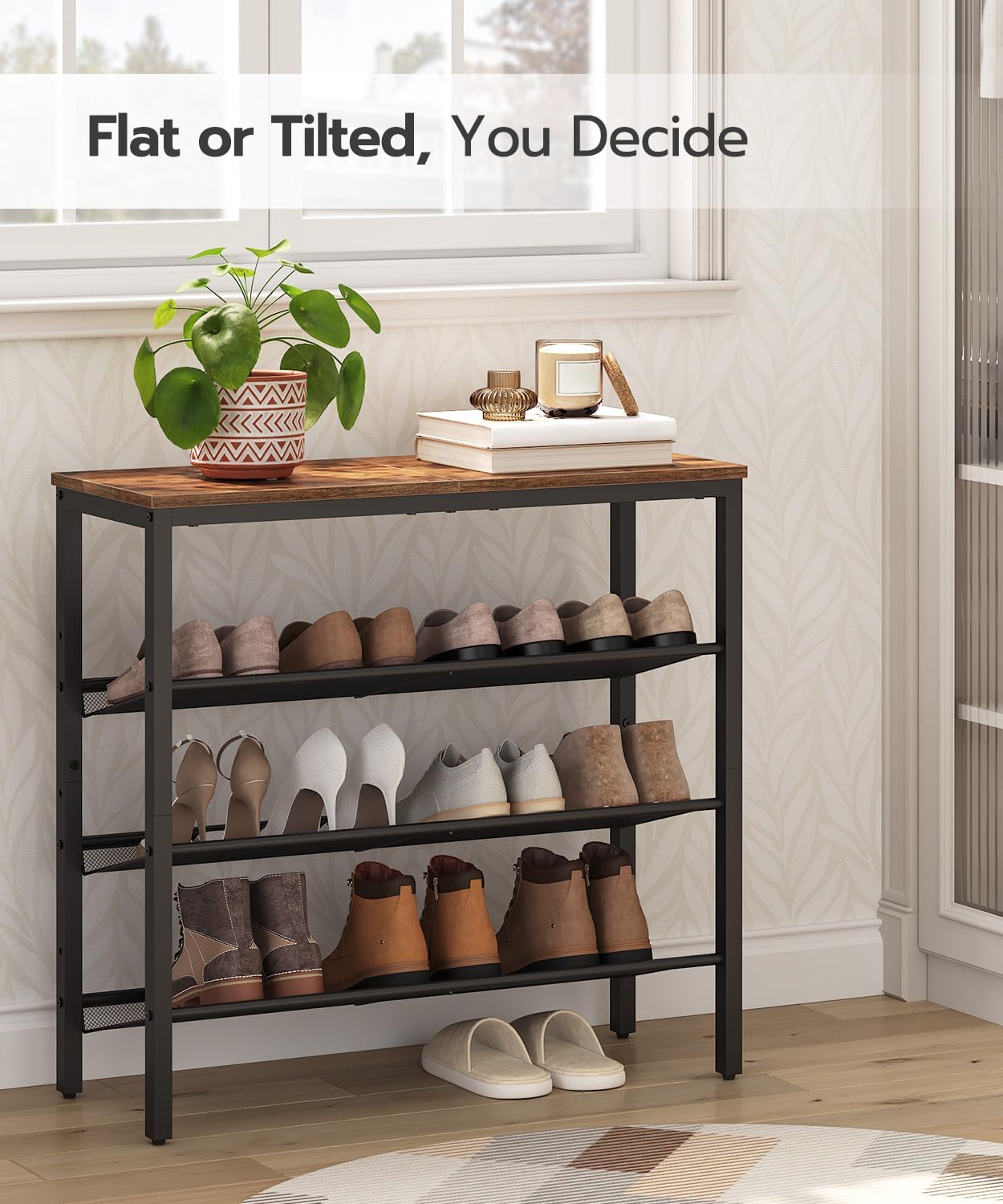 HOOBRO Shoe Rack for Entryway, 4-Tier Shoe Organizer with Adjustable Mesh Shelves, 12-16 Pairs of Shoes, Spacious Floor Mount, Metal, Industrial, Shoe Shelf for Closet, Rustic Brown BF42XJ01