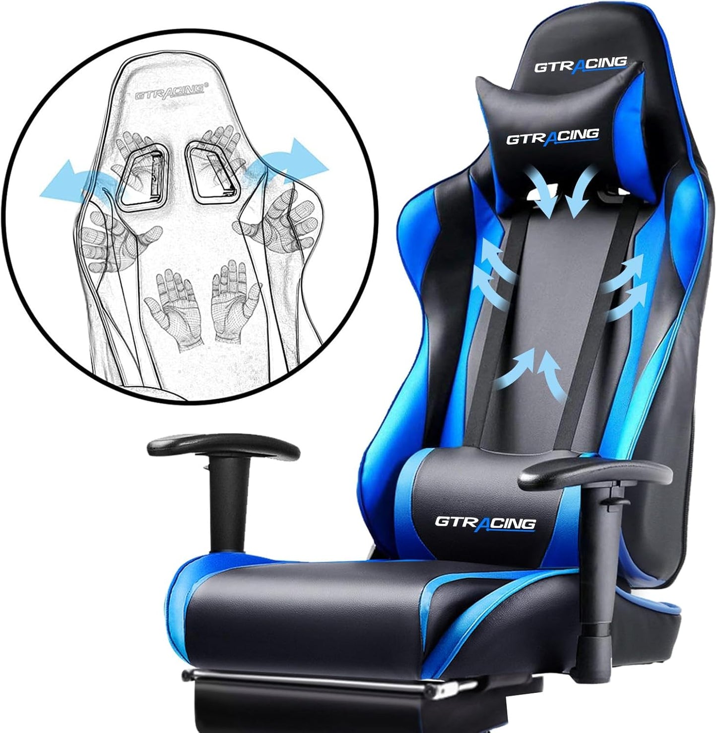GTRACING Gaming Chair with Footrest, Ergonomic Computer Game Desk Chair, Reclining Game Chair Seat Height Adjustment, Swivel Rocker with Headrest and Lumbar (Blue)