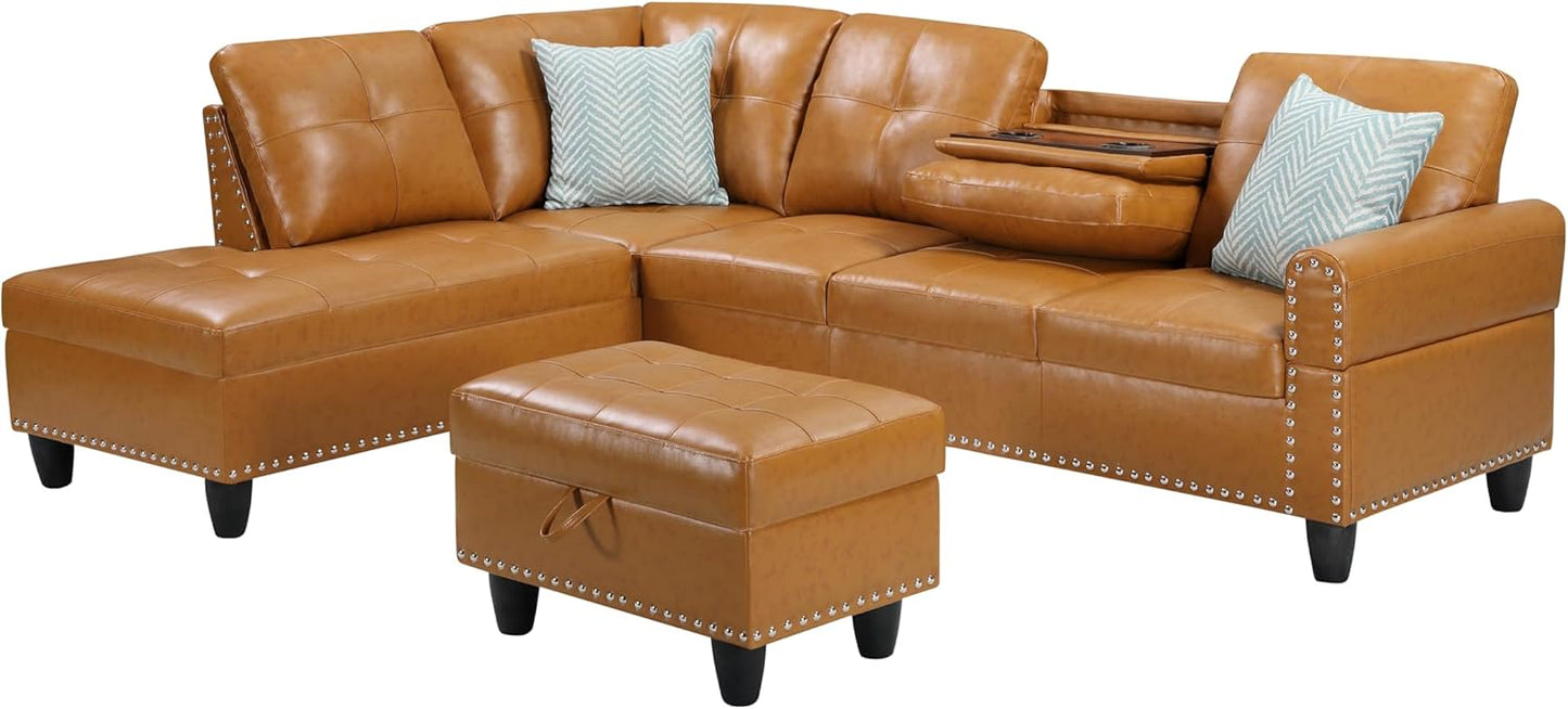 Ball & Cast 98" L Shaped Sectional Couch for Living Room with Chaise&Storage Ottoman,4 Seat Faux Leather Upholstered Modular Sectional Sofa Set 3 PCS W/Cup Holders&Coffee Table,for Home,Office,Ginger