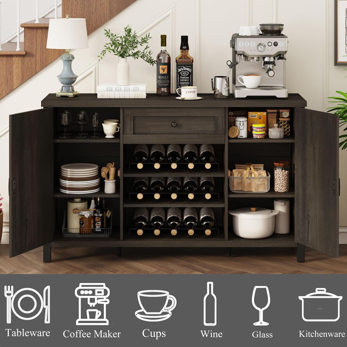 FATORRI Industrial Coffee Bar Cabinet with Drawer and Wine Rack, Sideboard Buffet Storage Cabinet with Door, Farmhouse Credenza Cupboard for Kitchen (Walnut Brown)