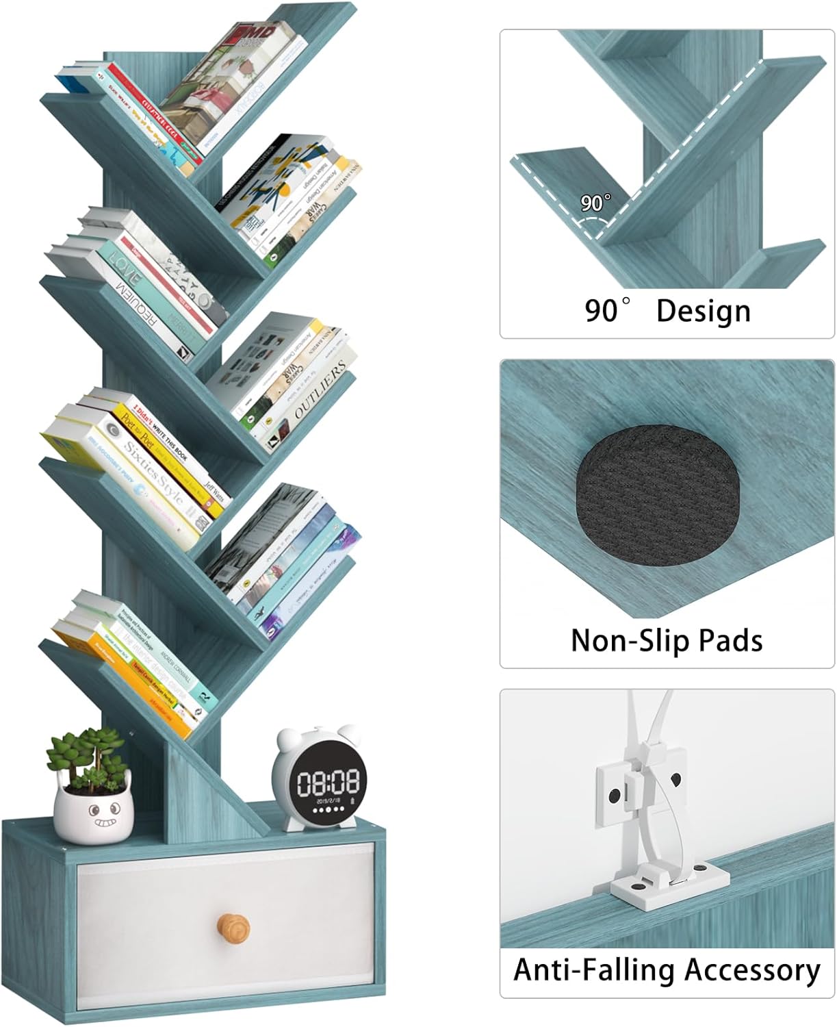 8 Tier Tree Bookshelf with Drawer, Free Standing Wood Bookcase for Narrow Space, Storage Organizer Bookshelves for Books, Book Case for Home Office, Living Room, Bedroom, Navy Blue