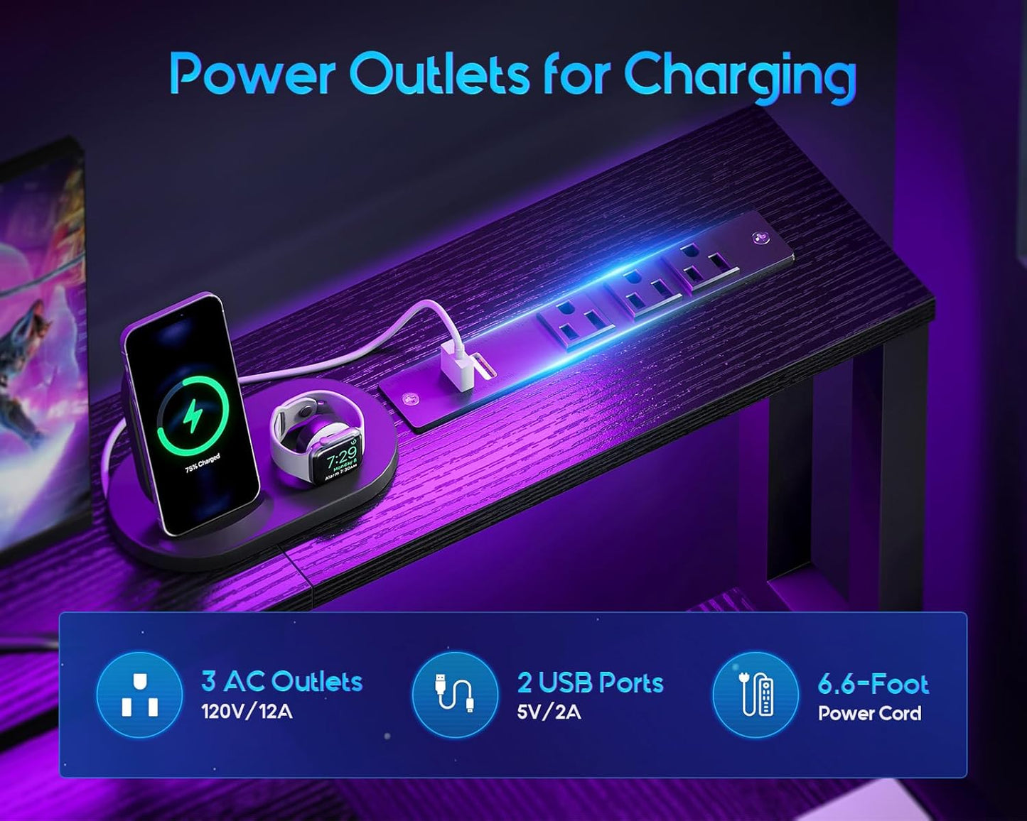 AODK Computer Desk with Drawers and Keyboard Tray, 48" Office Desk with Power Outlet and LED Lights, Reversible Study Work Desk with Printer Shelf and PC Stand for Home Office, Black