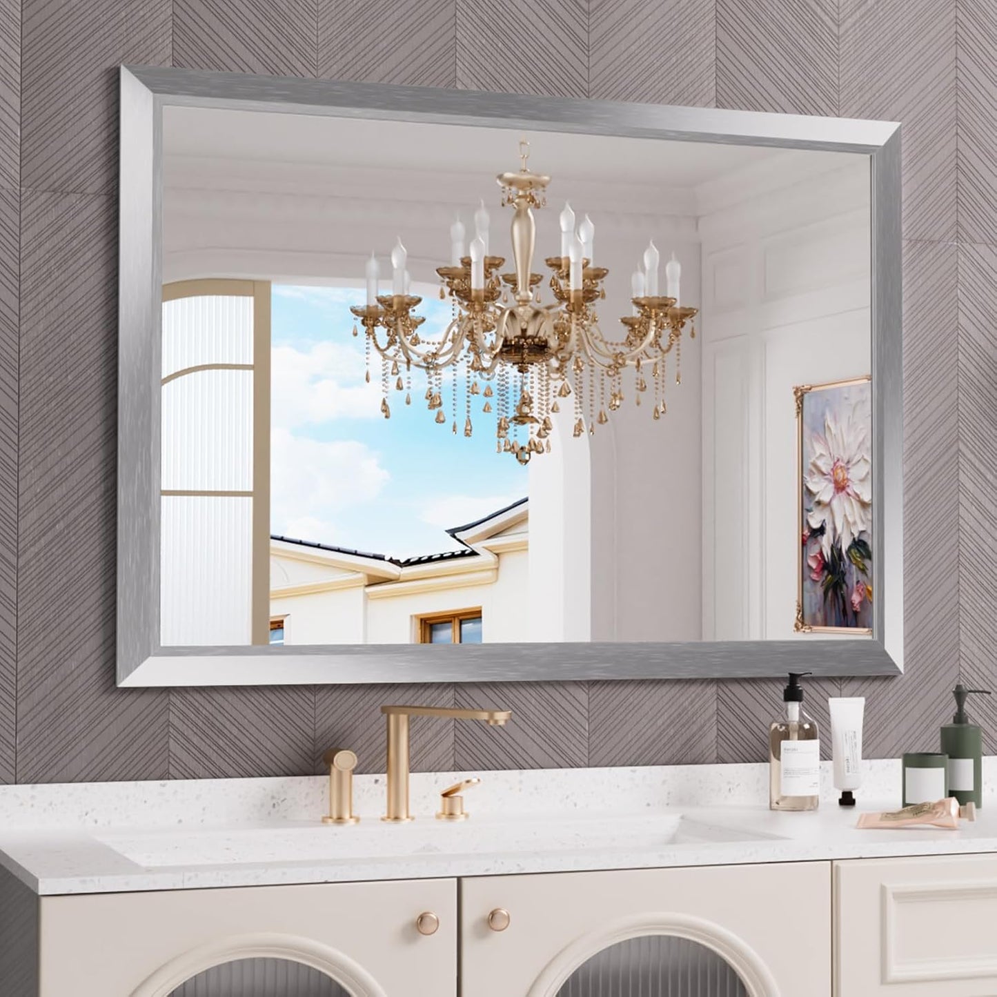 Amorho 50 X36 Inch Bathroom Mirror Silver, Thick Metal Framed Wall Mirrors for Over Sink, Brushed Nickel Mirror Perfect for Bedroom, Living Room, Entryway, Rectangle (Horizontal/Vertical).