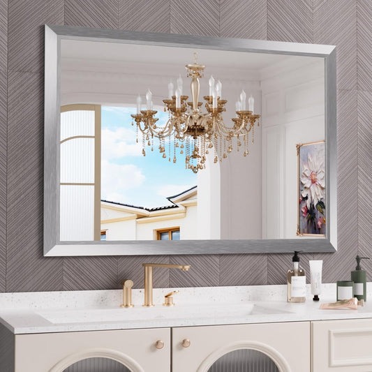 Amorho 50 X36 Inch Bathroom Mirror Silver, Thick Metal Framed Wall Mirrors for Over Sink, Brushed Nickel Mirror Perfect for Bedroom, Living Room, Entryway, Rectangle (Horizontal/Vertical).