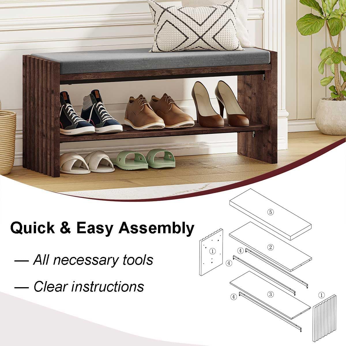 BON AUGURE Entryway Bench with Shoe Storage, 2-Tier Shoe Rack Bench with Cushion, Wood Benches for Bedroom, Living Room, Mudroom, Hall (Rustic Oak, 40 in Wide)