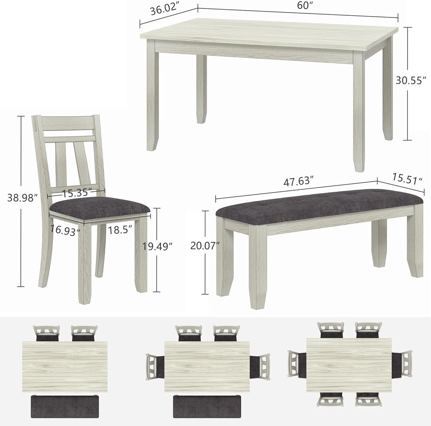 6-Piece Solid Wood Dining Table Set for 6, Modern Breakfast Dinette Kitchen Table with Bench & Chairs for Dining Room, Kitchen, Grey
