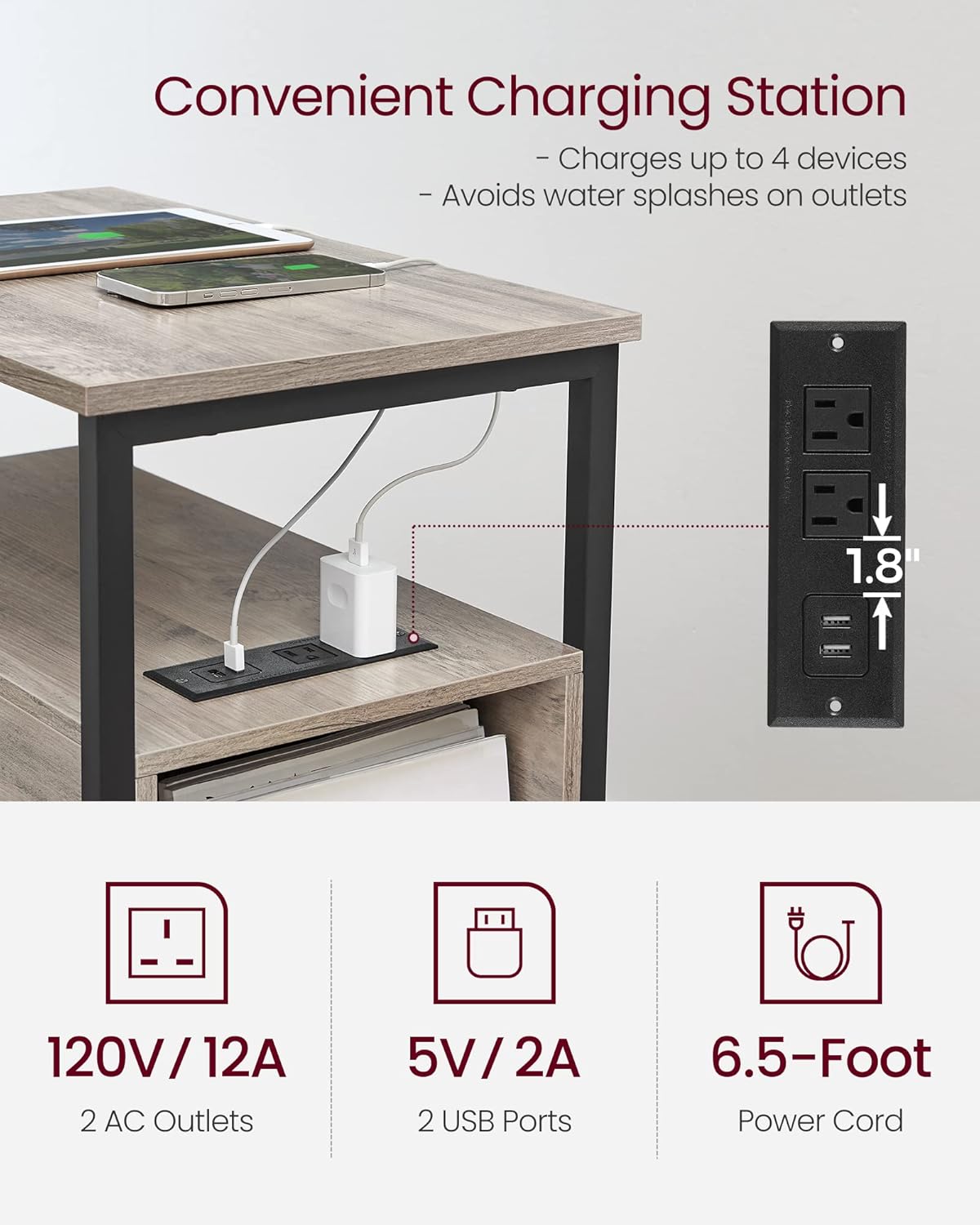 VASAGLE Side Table with Charging Station, Narrow End Table with 2 Drawers, Slim Nightstand and Bedside Table with Storage, for Small Spaces, Greige + Black
