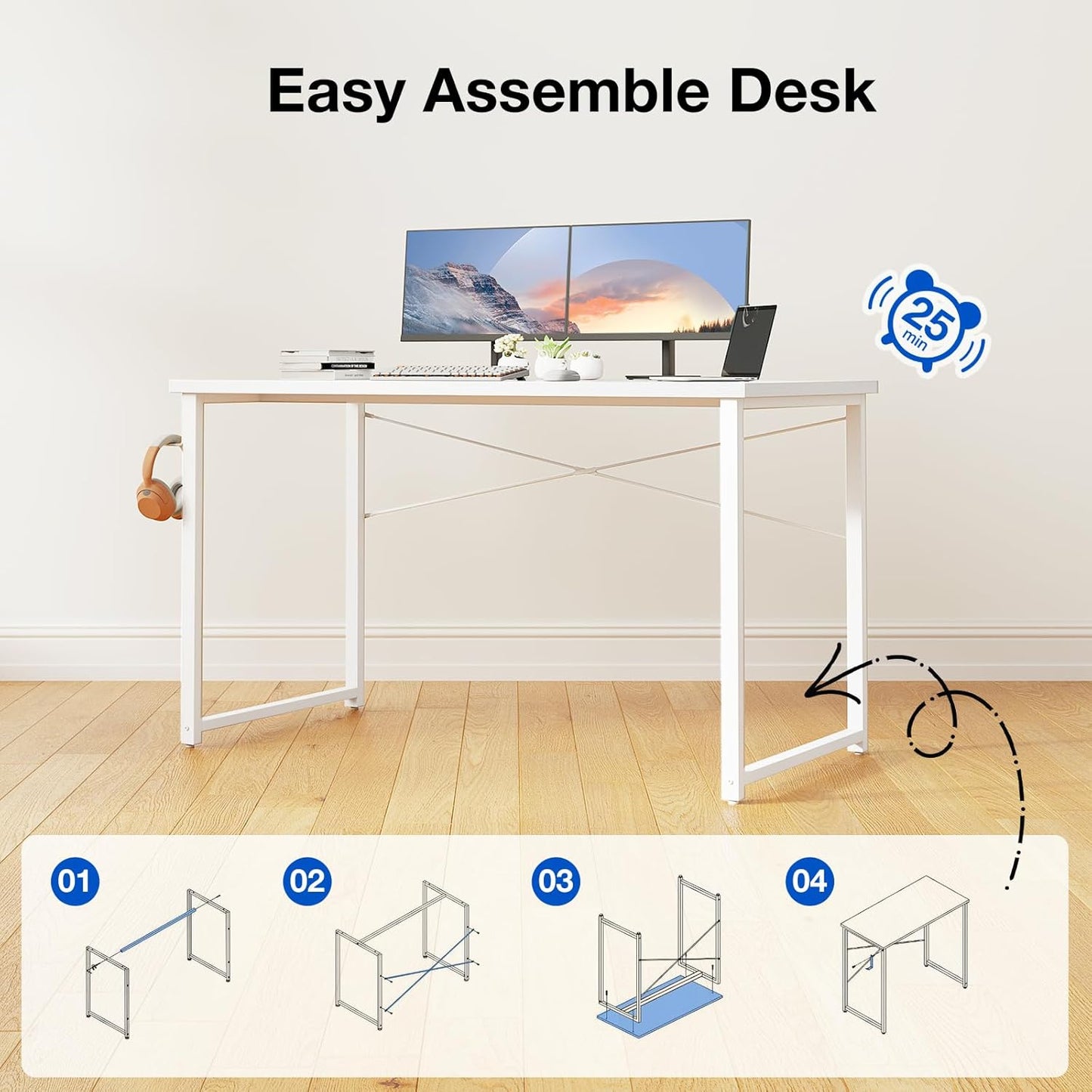 ODK 48 Inches Computer Desk for Small Spaces, Study Table for Home Office, Writing Desk with Headphone Hooks, White