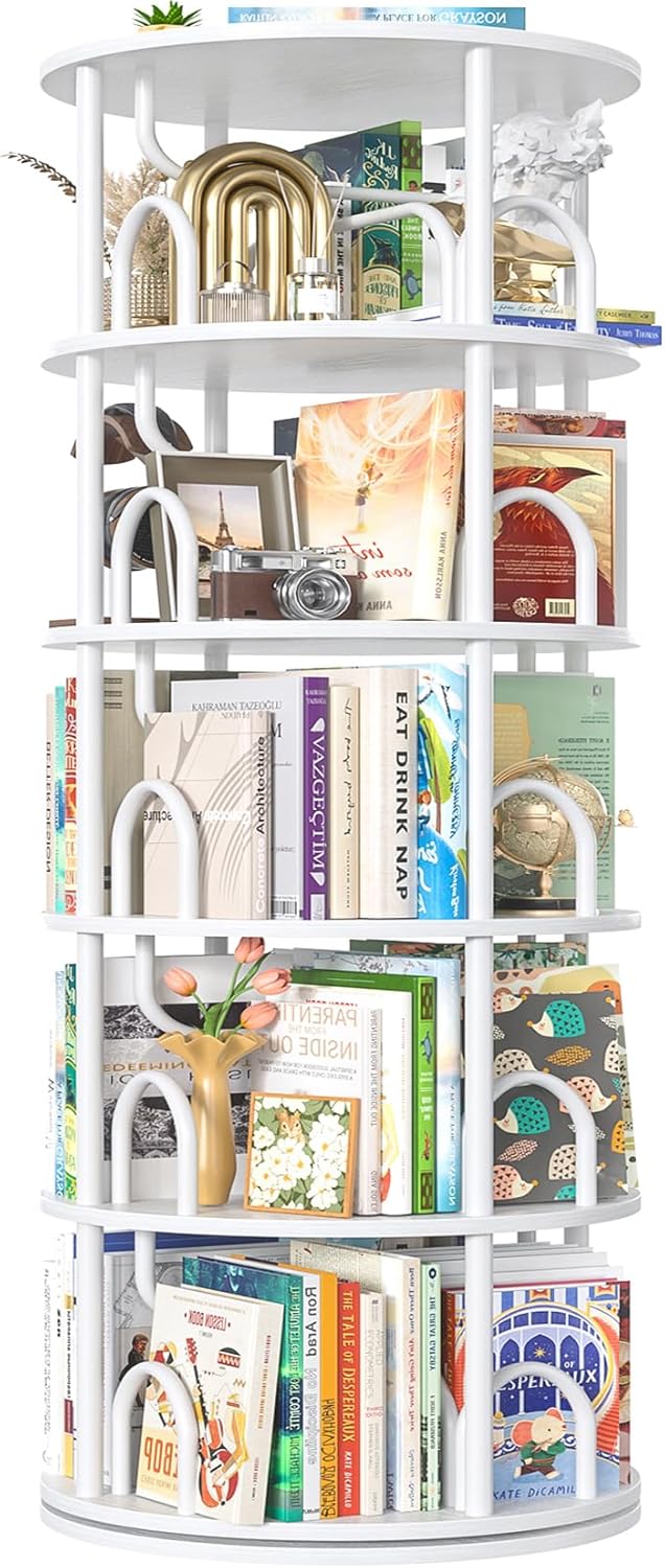 Aheaplus 5 Tier Rotating Bookshelf Tower, 360 Display Spinning Bookcase, Revolving Round Book Shelf Narrow Swivel Bookshelf, Vertical Turning Spiral Corner Book Organizer for Small Space, White