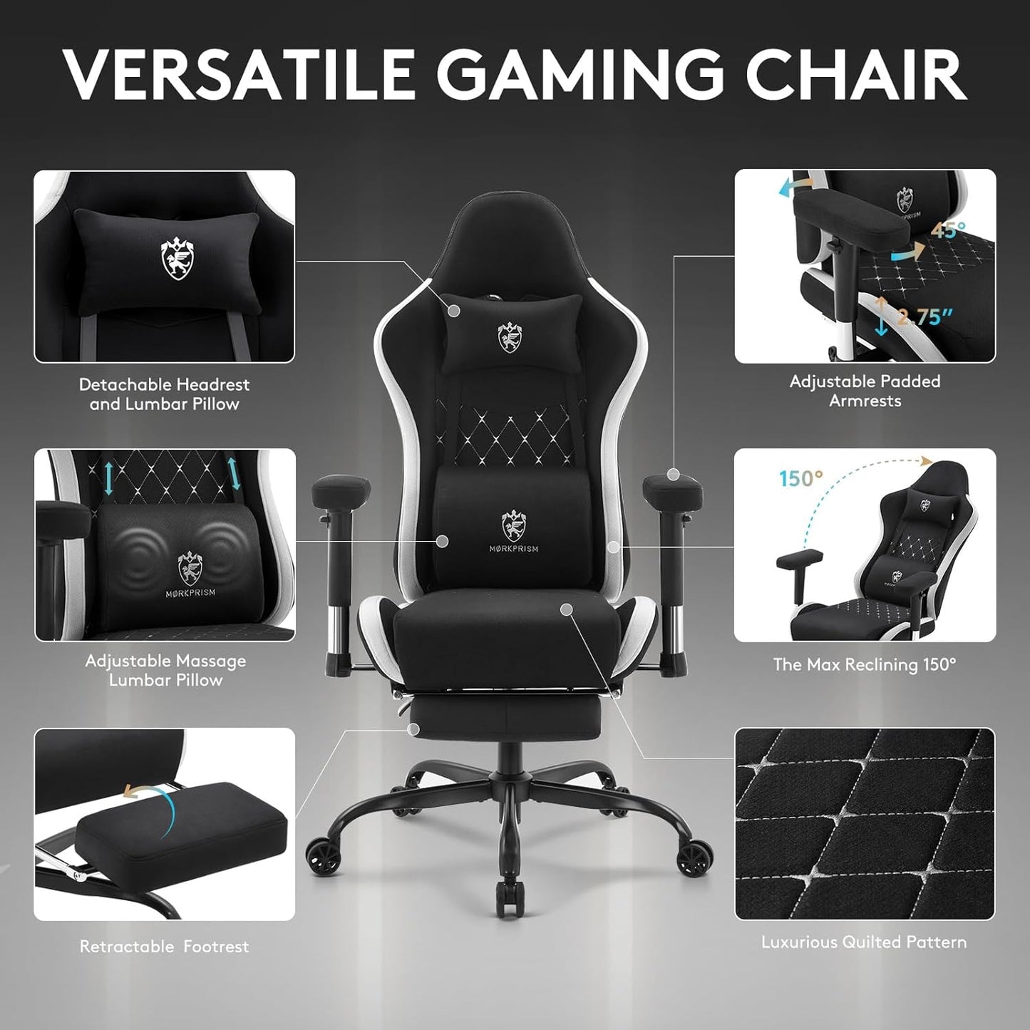 Gaming Chair Breathable Fabric,Computer Office Chair with Footrest,Massage Lumbar Support and Gel Pad,Ergonomic Reclining Gamer Chair with Adjustable Armrests and Spring Cushion Black Grey