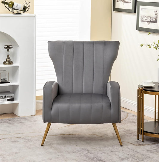 Container Furniture Direct Modern Velvet Accent Chair, Channel Tufted Bedroom, Office or Living Room Furniture with Elegant Metal Legs, 26" Wide Armchair, Grey