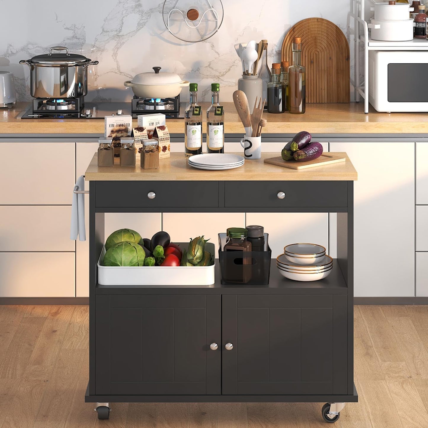 Rolling Kitchen Island with Storage Cabinet, 35.4'' Width Kitchen Cart, 2 Drawers Island Table, Portable Mobile Kitchen Island with Towel Rack, Wood Top and Lockable Wheels, Black