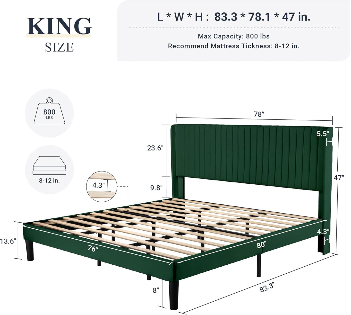 Allewie King Size Bed Frame/Velvet Upholstered Platform Bed/Vertical Channel Tufted Wingback Headboard/Strong Wooden Slats/No Box Spring Needed/Easy Assembly/Green