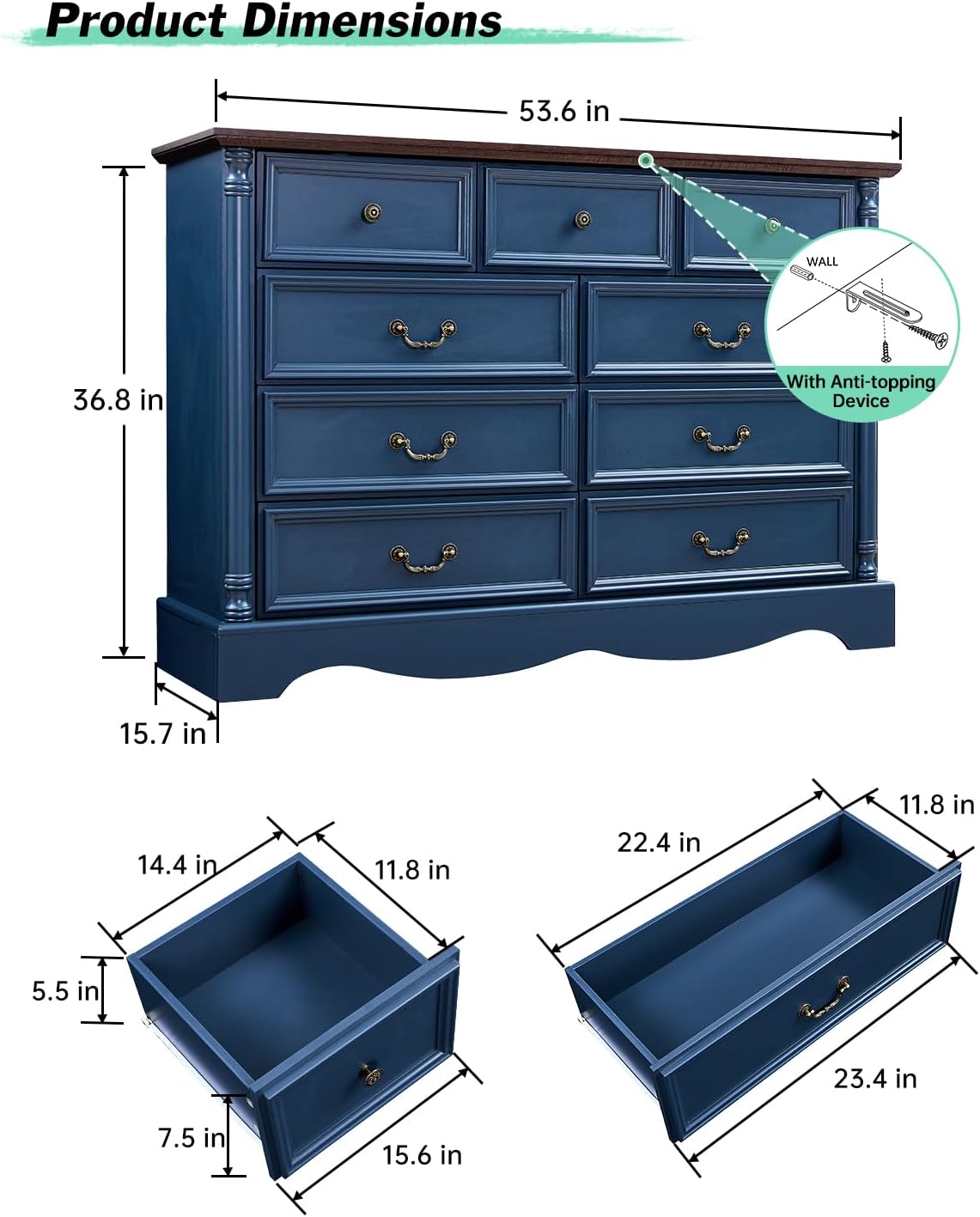 Farmhouse 9 Drawers Dresser for Bedroom with Charging Station, 54" Wide Wood Country Rustic Storage Dressers Organizer, Vintage Design Chest of Drawers TV Stand